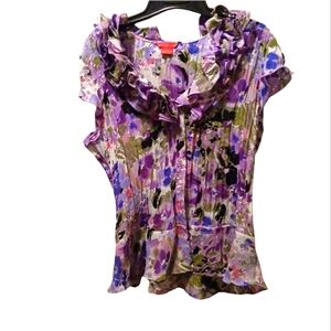 Sunny Leigh Floral Ruffle Blouse - Purple and Green